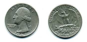 США 25 центов (квотер) 1967 Вашингтон KM 164a медь плакированная медно-никелем 46-1922