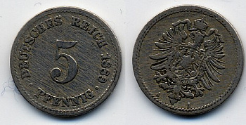 ГЕРМАНИЯ 5 ПФЕННИГОВ 1889 A, СТАРОГЕРБОВКА KM 3, J.3 медно-никель 51-5035