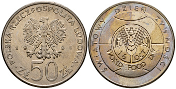Польша 50 злотых 1981 MW, Продовольственная программа - ФАО Y 127 медно-никель UNC 111-136