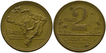 Бразилия 2 крузейро 1949 KM 559 алюминиевая бронза 4577-455