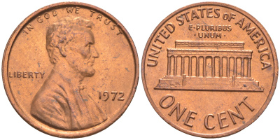 США 1 ЦЕНТ 1972 ЛИНКОЛЬН KM 201 медь цинк UNC 187-612