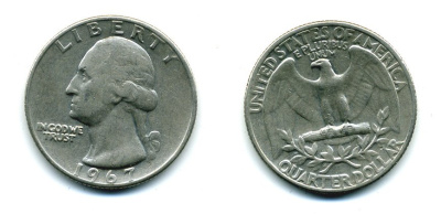 США 25 центов (квотер) 1967 Вашингтон KM 164a медь плакированная медно-никелем 46-1922