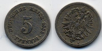 ГЕРМАНИЯ 5 ПФЕННИГОВ 1889 A, СТАРОГЕРБОВКА KM 3, J.3 медно-никель 51-5035