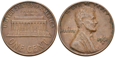 США 1 цент 1961 D, Авраам Линкольн KM 201 медь цинк 4115-825