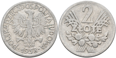 Польша 2 злотых 1958 MW KM 46, Parchimowicz 216a алюминий 4593-312