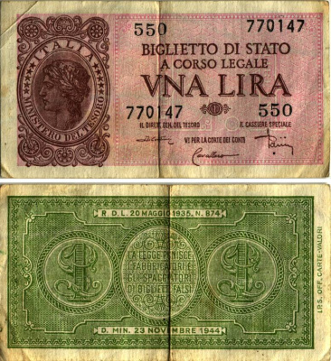 Италия 1 лира 1944 23 ноября 1944, подписи (Dicristina, CavalLaro, ZAINI) Pick 29c бумага 6280-37-1-2