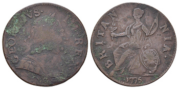 Великобритания 1/2 пенни 1775 Георг III (1760-1820) KM 601, Spink 3774 медь 4707-851