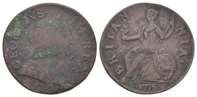 Великобритания 1/2 пенни 1775 Георг III (1760-1820) KM 601, Spink 3774 медь 4707-851