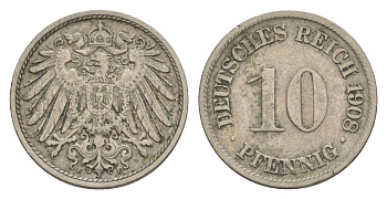 Германия 10 пфеннигов 1908 E, Вильгельм II (1888-1918) KM 12, J. 13 медно-никель 4644-1168
