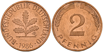 ФРГ 2 пфеннига 1986 G J.381a, KM 106a сталь плакированная медью    4598-918