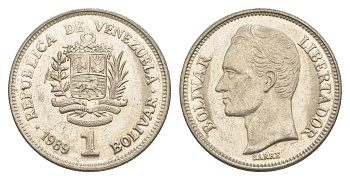 Венесуэла 1 боливар 1989 Симон Боливар, тонкий шрифт Y 52a.1 сталь плакированная никелем 4589-523
