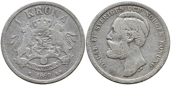 Швеция 1 крона 1889 ЕВ, Оскар II (1872-1907) король Швеции и Норвегии KM 747 серебро 1530-921
