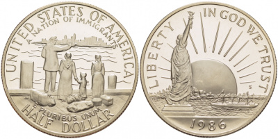 США 1/2 доллара (50 центов) 1986 D, США нация иммигрантов, статуя свободы KM 212 медь плакированная медно-никелем PROOF 1082-1-71