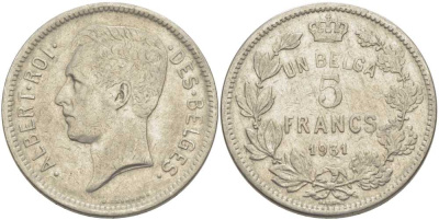 БЕЛЬГИЯ 5 ФРАНКОВ 1931 АЛЬБЕРТ I, DES BELGES KM 97.1 никель 3851-134