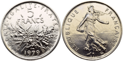 Франция 5 франков 1979 сеятель, тираж 50511 экземпляров KM 926a.1, LE FRANC 341.11 медно-никель плакированный никелем  UNC  1530-1345