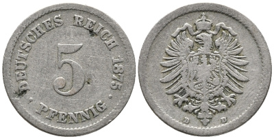 ГЕРМАНИЯ 5 ПФЕННИГОВ 1875 D, СТАРОГЕРБОВКА KM 3, J. 3 медно-никель 39-336