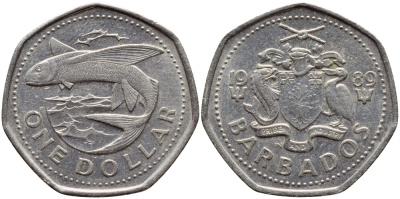 Барбадос 1 доллар 1989 летучая рыба KM 14.2 медно-никель 4398-253