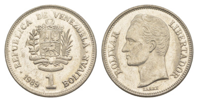 Венесуэла 1 боливар 1989 Симон Боливар, тонкий шрифт Y 52a.1 сталь плакированная никелем 4589-523