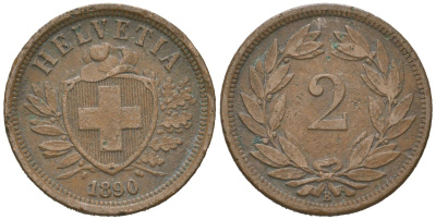 Швейцария 2 раппена 1890 B KM 4 бронза 4516-1032