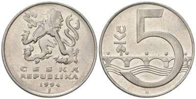 Чехия 5 крон 1994 b’, чешский лев, Карлов мост KM 8 сталь плакированная никелем 4592-123