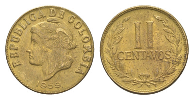 Колумбия 2 сентаво 1959 KM 214 алюминиевая бронза aUNC 4651-569