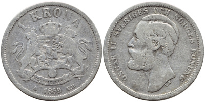 Швеция 1 крона 1889 ЕВ, Оскар II (1872-1907) король Швеции и Норвегии KM 747 серебро 1530-921