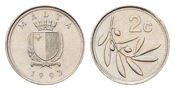 Мальта 2 цента 1993 оливковая ветвь KM 94 медно-никель UNC 4655-157