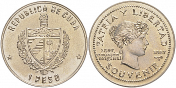 Куба 1 песо 1987 90 лет "сувенирного" песо KM 165 медно-никель UNC 1526-835 M36-3