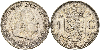 Нидерланды 1 гульден 1957 Юлиана (1948-1980) KM 184 серебро 4126-1145