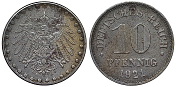 Германия 10 пфеннигов 1921 A KM 20, J. 298 железо 4119-147