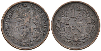 Нидерланды 1/2 цента 1928 Вильгельмина (1890-1948) KM 138 бронза 4576-452