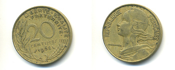 ФРАНЦИЯ 20 САНТИМОВ 1968 ТИП MARIANNE KM 930, LE FRANC 156.8 алюминиевая бронза 176-1053