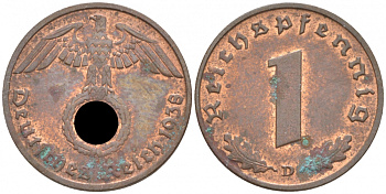 ГЕРМАНИЯ 1 РЕЙХСПФЕННИГ 1938 D J 361, KM 89 бронза aUNC 73-268
