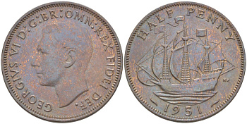 Великобритания 1/2 пенни 1951 Георг VI (1936-1952) KM 868, Spink 4118 бронза 94-235