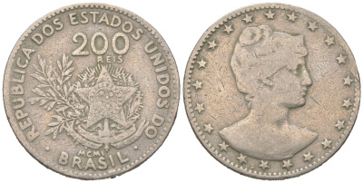 Бразилия 200 реалов 1901 MCMI, голова свободы вправо KM 504 медно-никель 4612-251