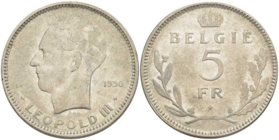 Бельгия 5 франков 1936 Леопольд III (1934-1951), Belgie KM 109 никель 3851-516