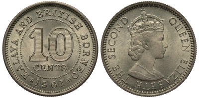 Малайя и Британское Борнео 10 центов 1961 Елизавета II (1952-2022) KM 2 медно-никель UNC 4392-1142