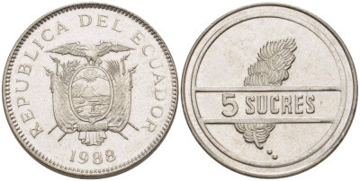 ЭКВАДОР 5 СУКРЕ 1988 ГРОЗДЬ БАНАНОВ KM 91 сталь плакированная никелем 31-423