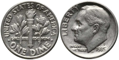 США 10 ЦЕНТОВ = 1 ДАЙМ 1985 Р, РУЗВЕЛЬТ KM 195а медь плакированная медно-никелем 112-641