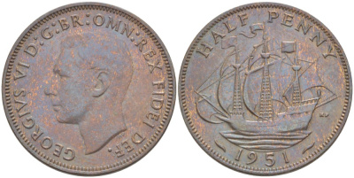 Великобритания 1/2 пенни 1951 Георг VI (1936-1952) KM 868, Spink 4118 бронза 94-235