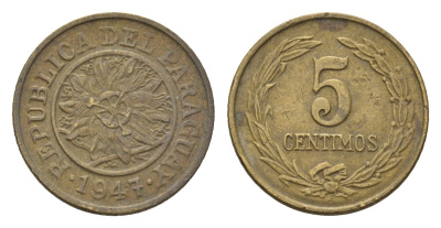 Парагвай 5 сентимо 1947 KM 21 алюминиевая бронза 4674-956