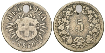 Швейцария 5 раппенов 1850 BB KM 5 серебро 4617-412