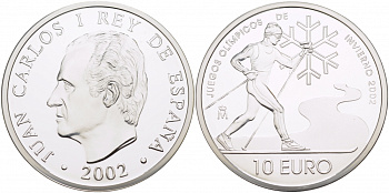 Испания 10 евро 2002 XIX зимние Олимпийские игры в Солт-Лейк-Сити , лыжник KM 1078 серебро PROOF 11-162-44