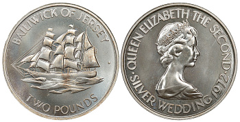 Джерси 2 фунта 1972 25 лет свадьбе Королевы Елизаветы II и Принца Филиппа KM 37 серебро UNC 1077-10-62