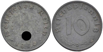 ГЕРМАНИЯ 10 РЕЙХСПФЕННИГОВ 1940 D KM 101, J. 371 цинк 4401-457