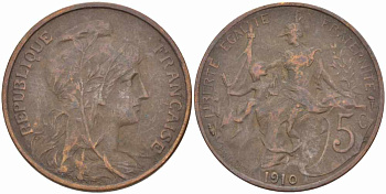 ФРАНЦИЯ 5 САНТИМОВ 1910 ТИП ДАНИЭЛЬ ДЮПЮИ KM 842, LE FRANC 119.22 бронза 108-924