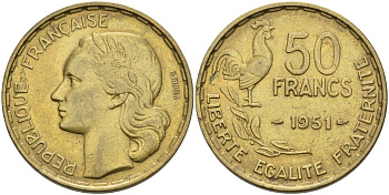 Франция 50 франков 1951 петух KM 918 алюминиевая бронза 4577-927