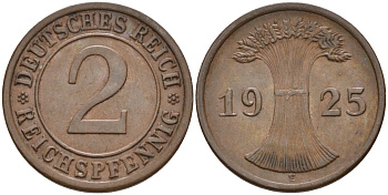 Германия 2 рейхспфеннига 1925 E KM 38, J.314, Weege 4 медь 4584-656