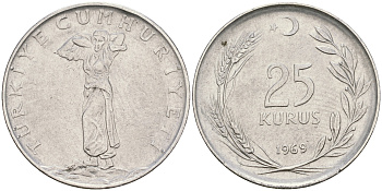 Турция 25 курушей 1969 KM 892.3 нержавеющая сталь 4364-3313