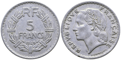 Франция 5 франков 1949 тип Лаврийе KM 888b.1, LE FRANC 339.17 алюминий 59-323